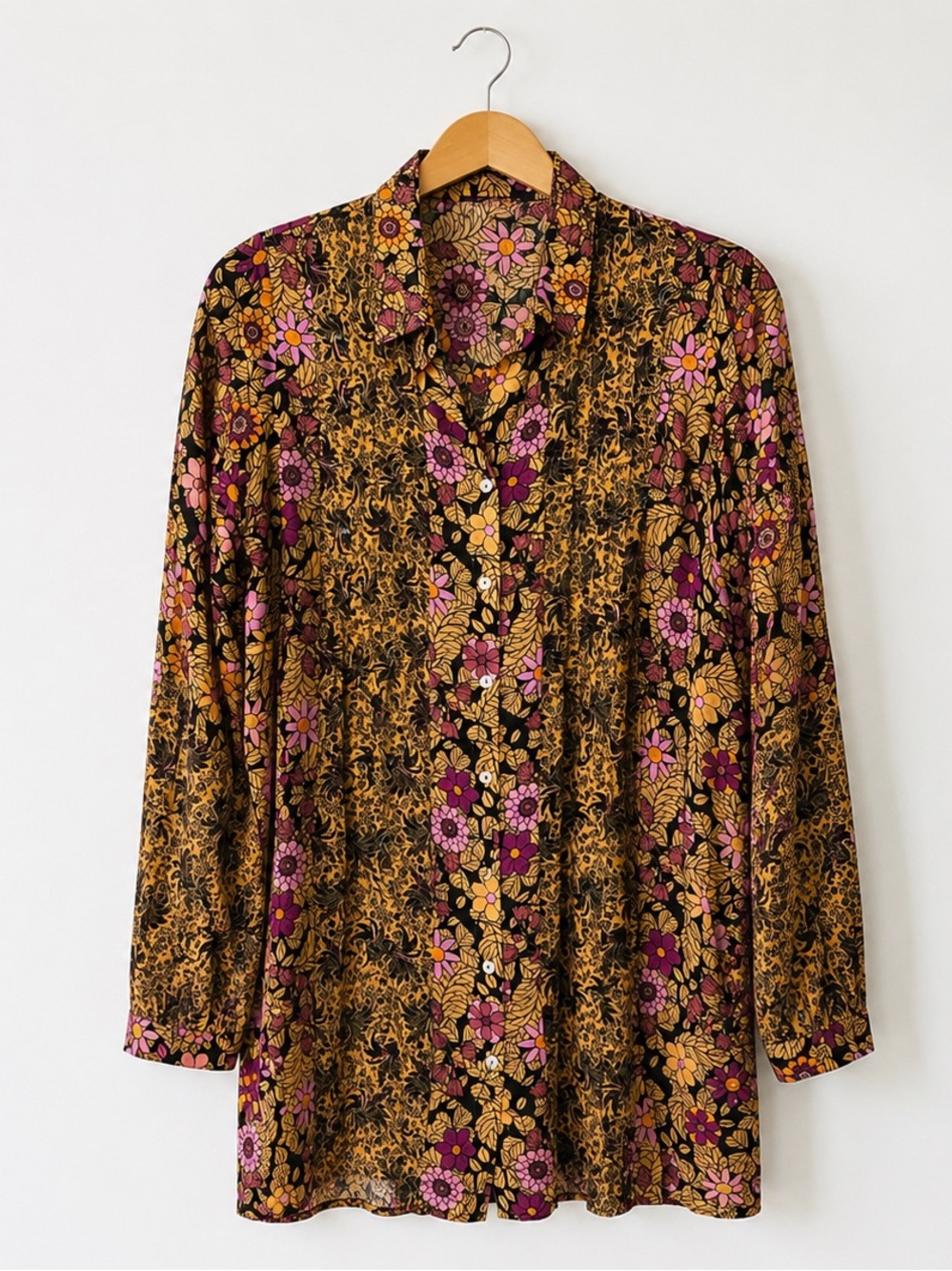 Jane and Delancey Groovy Floral Tunic Length Button-Up Top Size S